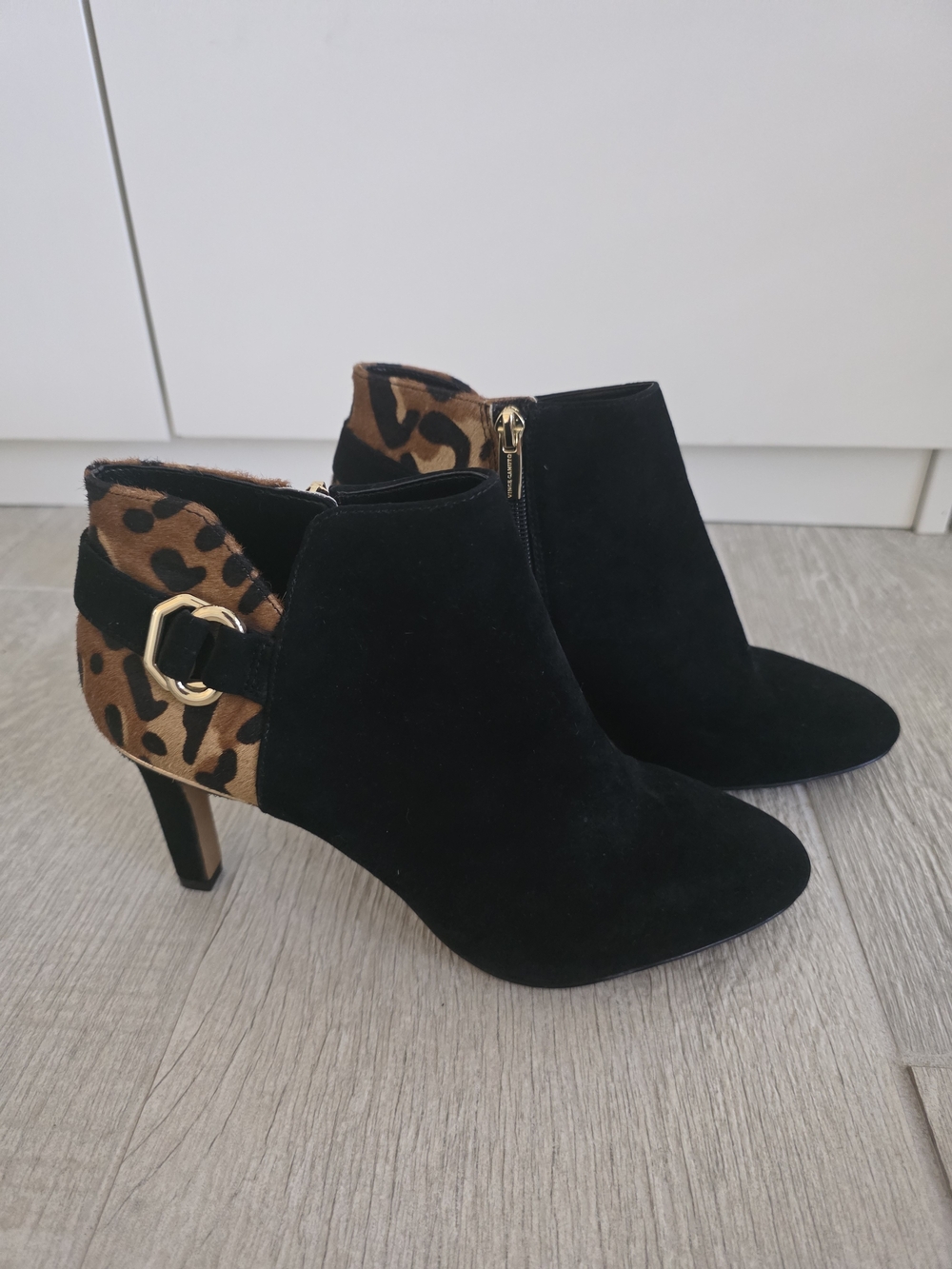 Vince Camuto Black Suede Leopard Calf Hair Ankle Booties